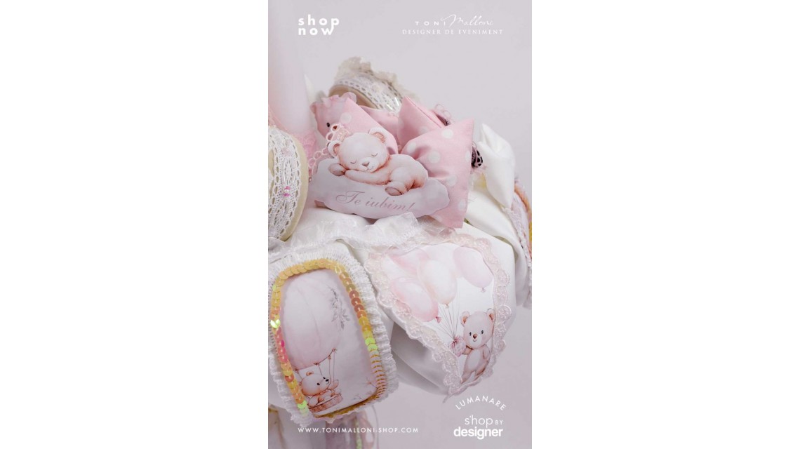 Lumanare de botez roz pal cu ursuleti de plus Teddy Bear Pink 2024 6